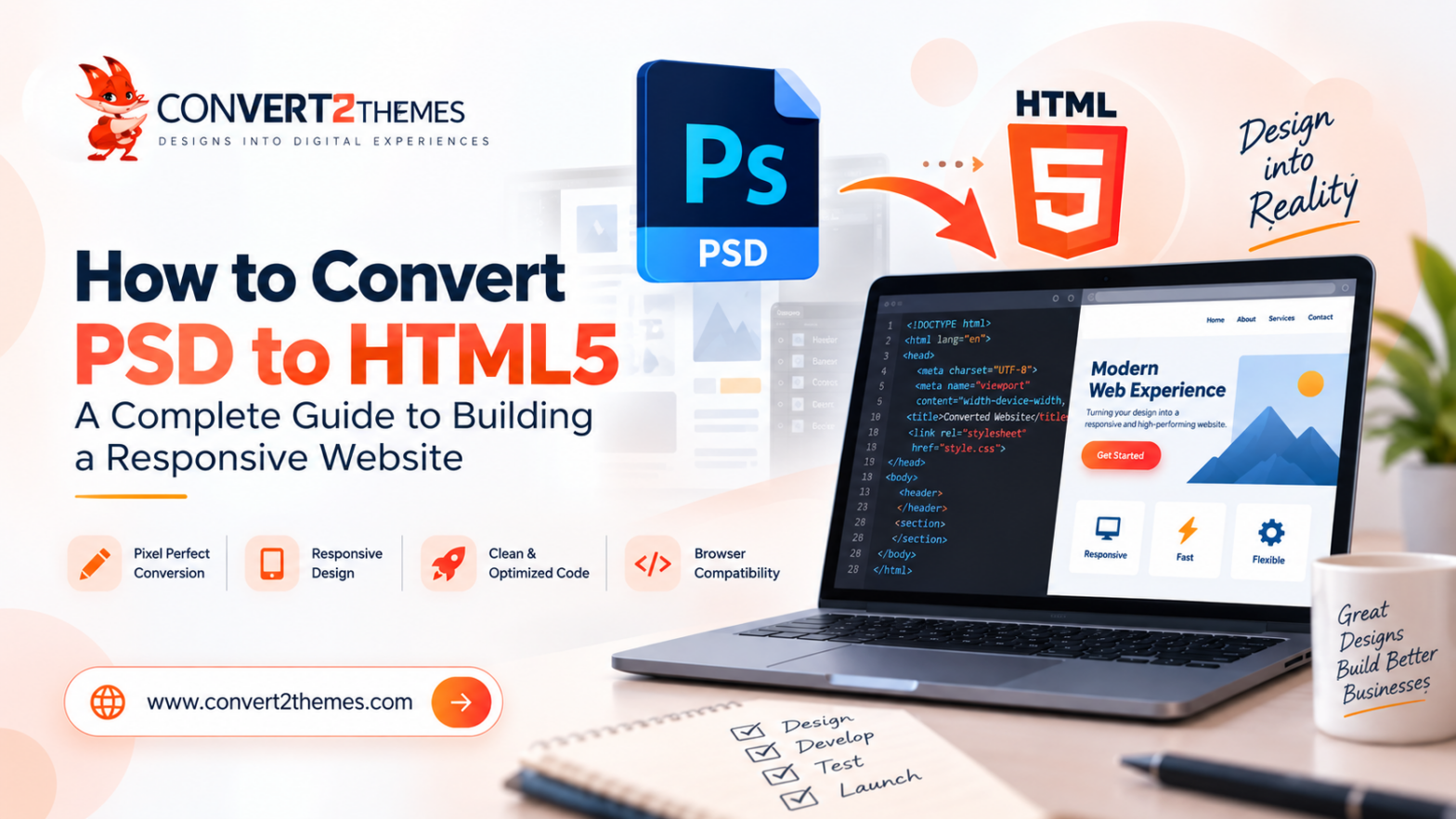 PSD to HTML5 conversion from Photoshop design to responsive website