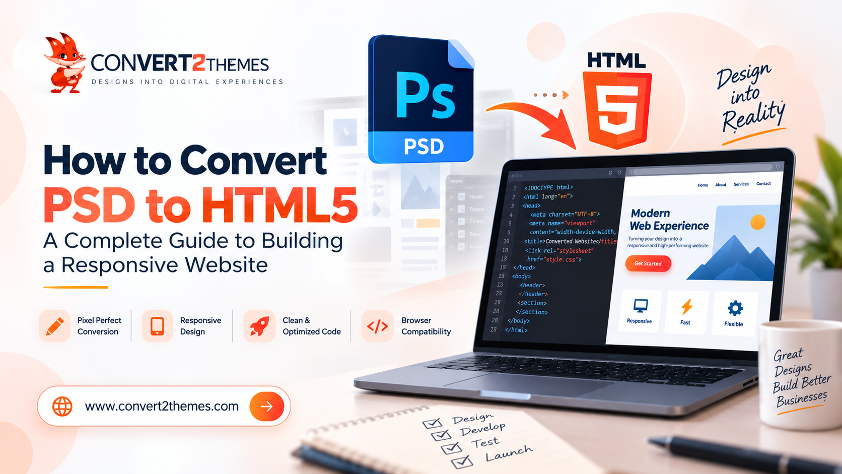 PSD to HTML5 conversion from Photoshop design to responsive website